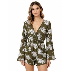 Abercrombie Boho Floral Romper Olive Green Bell Sleeve Festival Playsuit, Size M